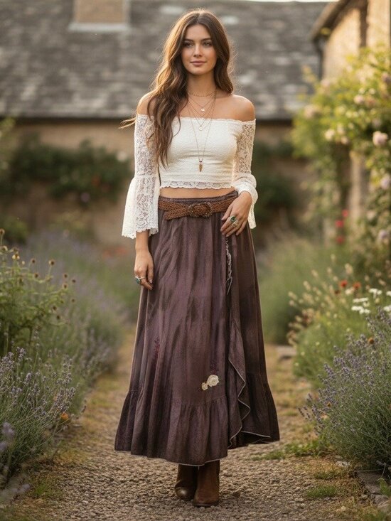Vtg Free People Boho Embroidered Maxi Skirt| Boho Grunge Fairycore Dark Coquette - Picture 13 of 16